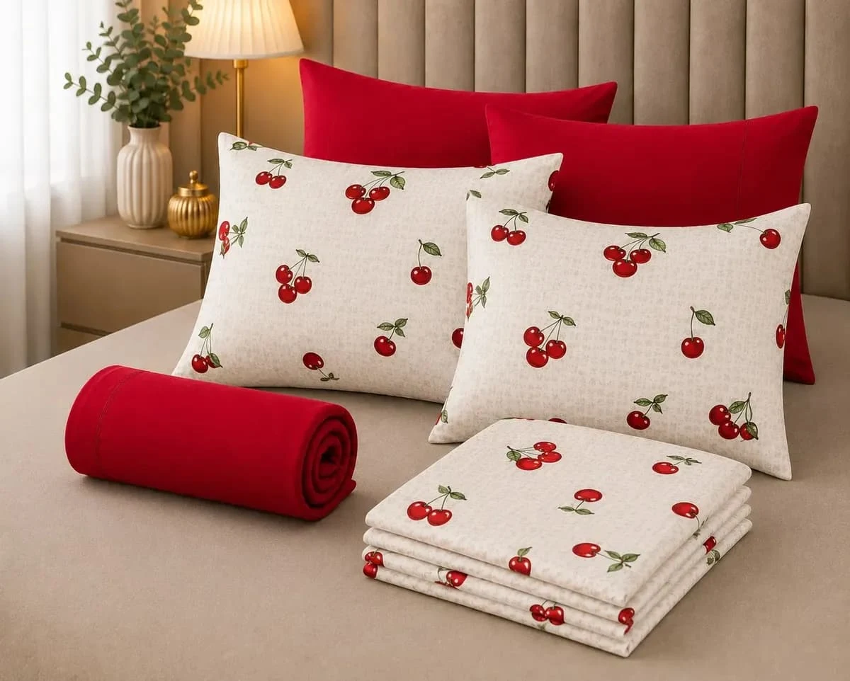 Cobre Leito Piquet + Jogo de Lençol Queen 6 Peças com estampa de cereja: lençol, fronhas e cobre leito em cama queen arrumada